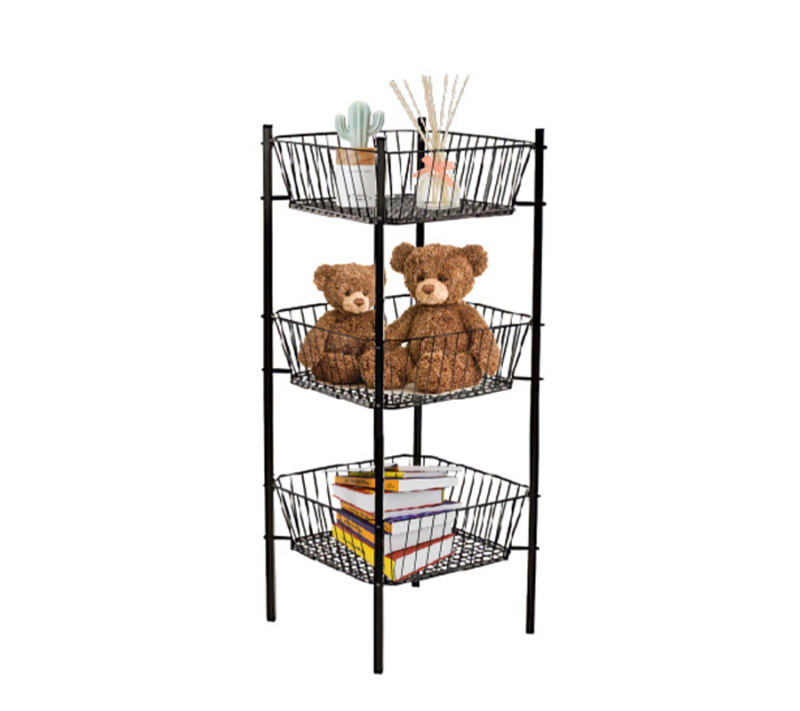 A black 3-tier square bin display showcasing diffusers, teddy bears, and books