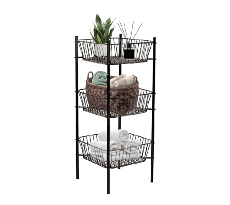 A black 3-tier square bin display showcasing diffusers, flowerpot, basket with the towels, and towels.