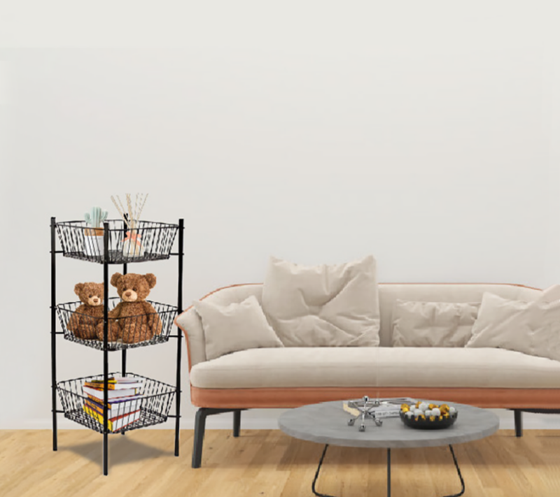 This black 3-Tier Square Bin Display is arranged in a cozy showroom setting, holding diffusers, teddy bears, and books in an organized way.