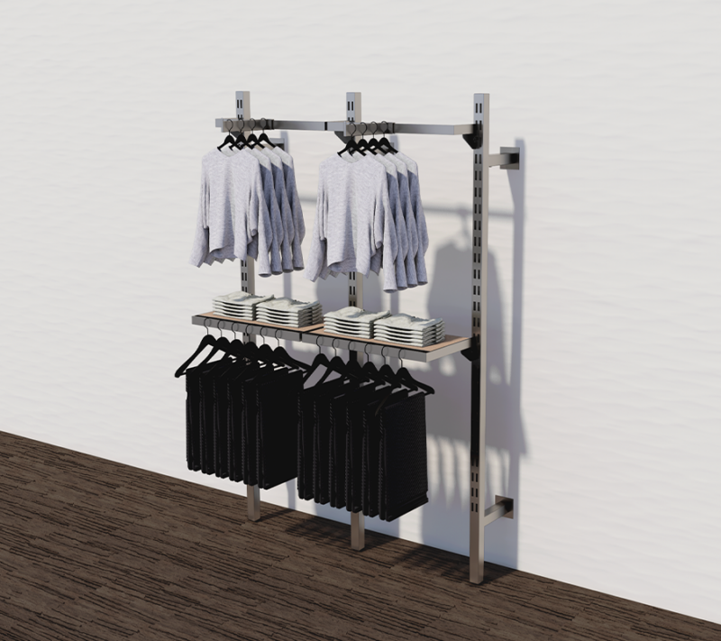 example set of our satin nickel finish slotted system fixtures with clothes hanging from the hangrail and wooden shelves to display neatly folded clothes.