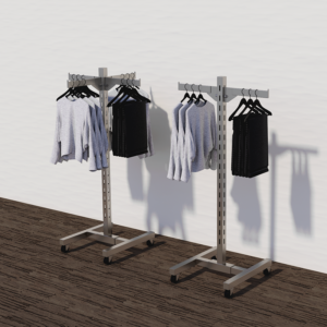 example set of our satin nickel finish single slotted displayer with clothes hanging from the hangrail.