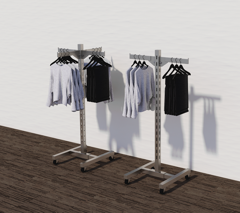 example set of our satin nickel finish single slotted displayer with clothes hanging from the hangrail.