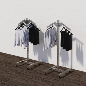 example set of our satin nickel finish single slotted displayer with clothes hanging from the hangrail.