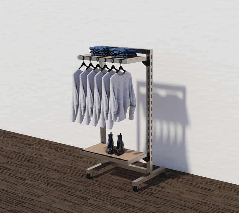 example set of our satin nickel finish double slotted displayer with clothes hanging from the hangrail and wooden shelves to display neatly folded clothes and shoes.