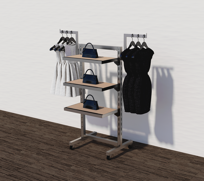 example set of our satin nickel finish double slotted displayer with clothes hanging from the hangrail and wooden shelves to display Handbags.