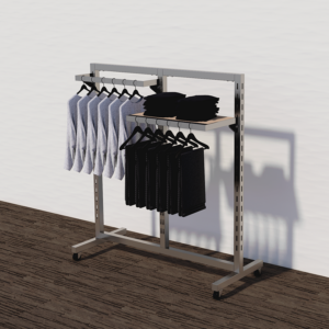 example set of our satin nickel finish triple slotted displayer with clothes hanging from the hangrail and wooden shelves to display neatly folded clothes.