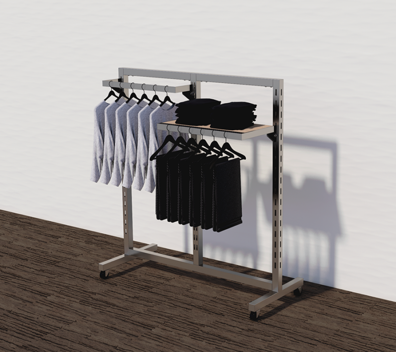 example set of our satin nickel finish triple slotted displayer with clothes hanging from the hangrail and wooden shelves to display neatly folded clothes.