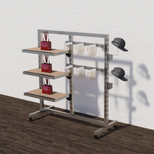 example set of our satin nickel finish double slotted displayer with caps hanging from the millinery displayer and wooden shelves to display Handbags and hooks to display necklaces.