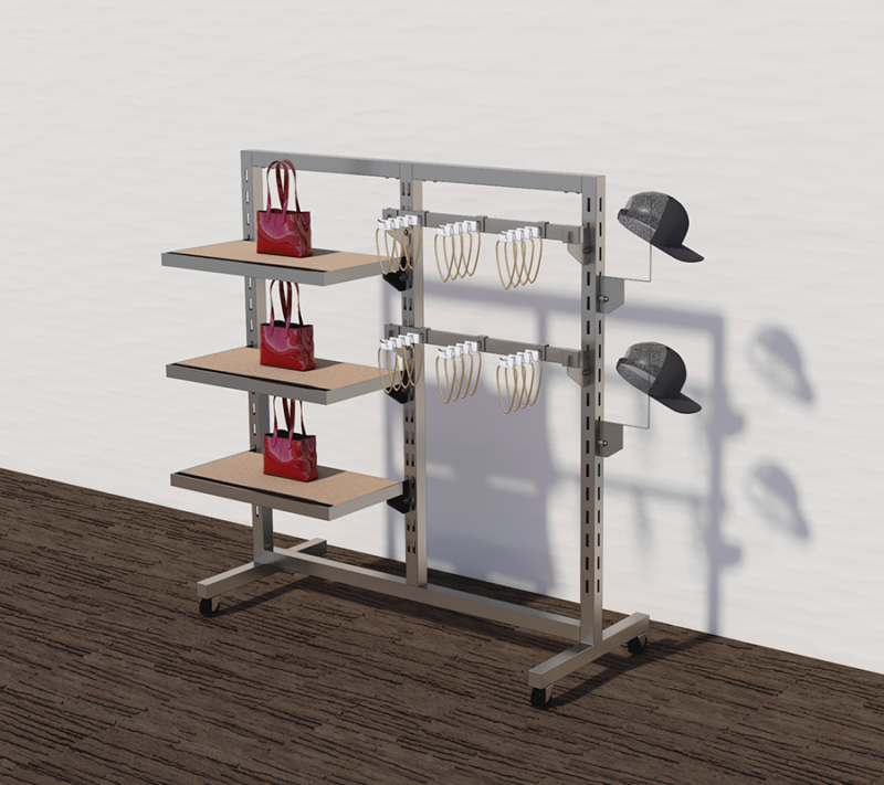 example set of our satin nickel finish double slotted displayer with caps hanging from the millinery displayer and wooden shelves to display Handbags and hooks to display necklaces.
