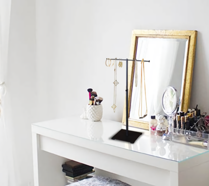 Matte Black T-Top Jewelry Display, elegantly displaying various accessories in an aesthetic setting