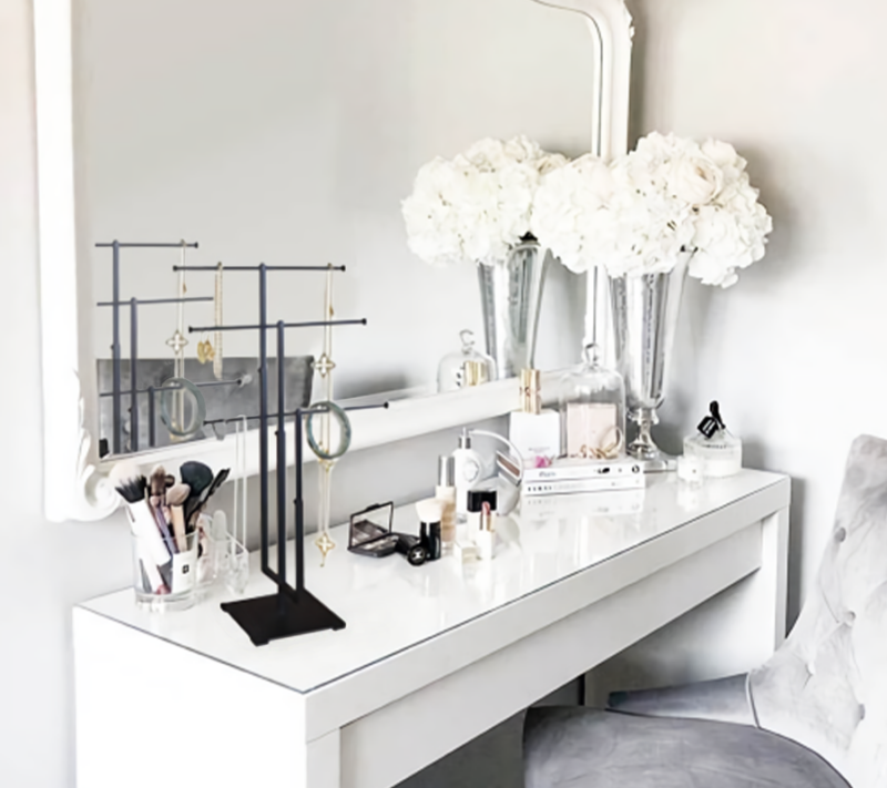 Matte Black 3-Tier T Top Jewelry Display, elegantly displaying various accessories in an aesthetic setting