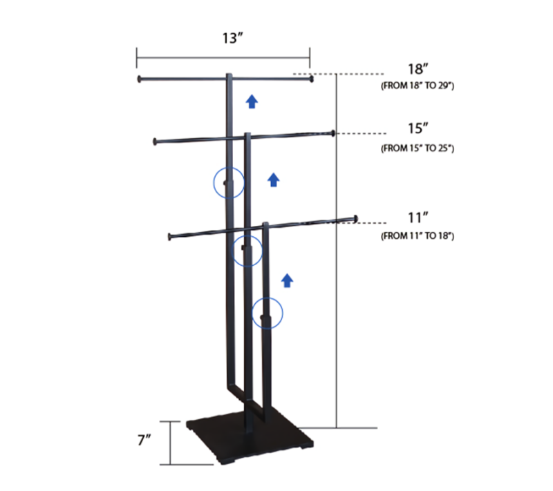 Matte Black 3-Tier T Top Jewelry Display Dimension