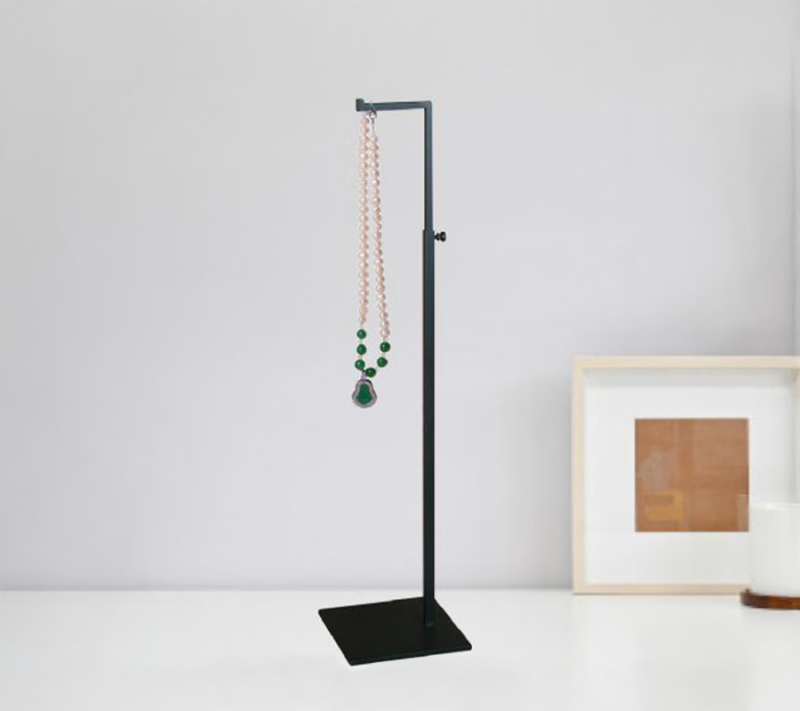 Matte Black L Shaped Jewelry/Bag Display, elegantly displaying necklace in an aesthetic setting