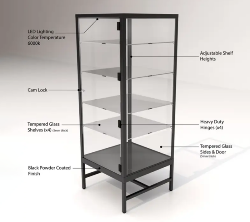 Black Deluxe Glass Tower Display Case Description