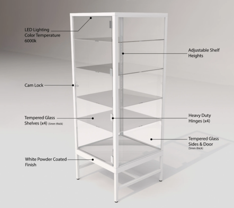 White Deluxe Glass Tower Display Case Description