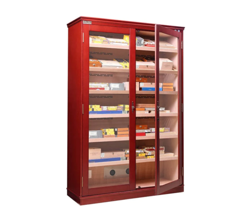 Double Door Cigar Cabinet Humidor with items inside