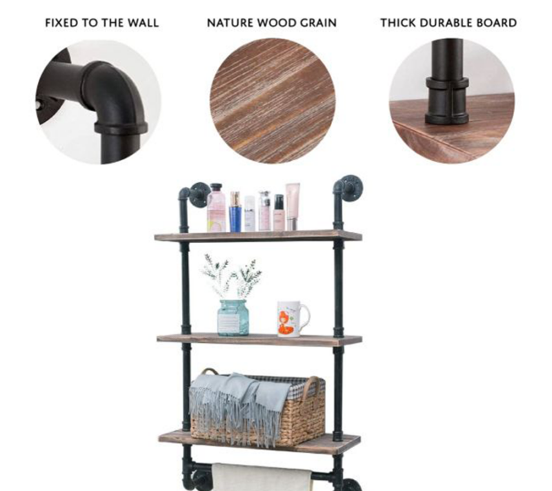 Black Industrial Pipe 3-Tier Wood Shelving Detail View