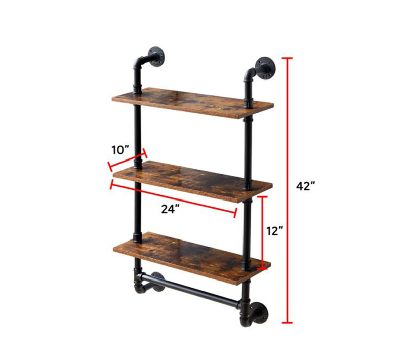 Black Industrial Pipe 3-Tier Wood Shelving Dimension