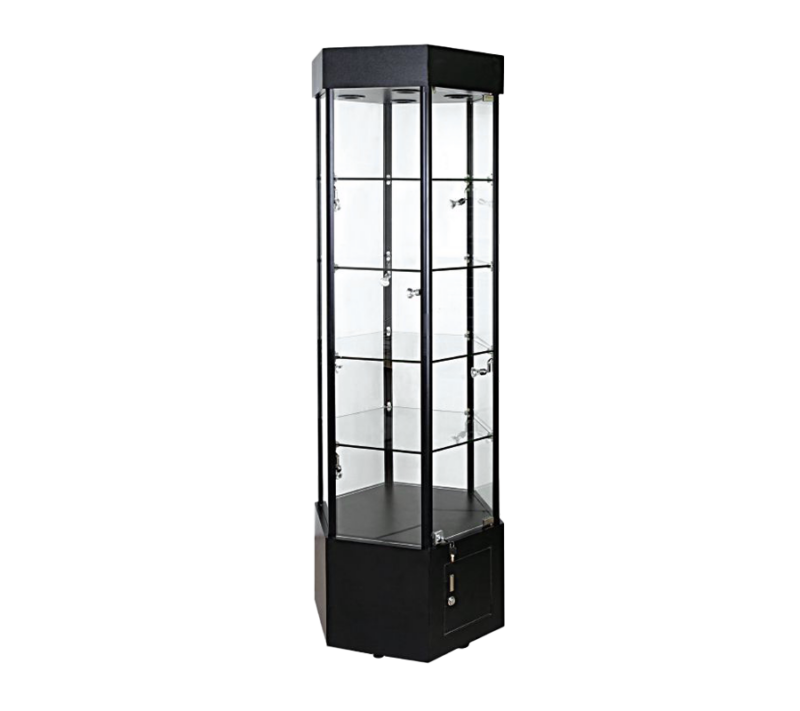25"L x 73"H Black Tower Hexagonal Case w/ Base Storage