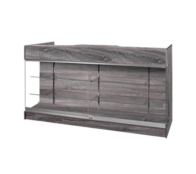 6′ LEDGETOP COUNTER W/ GLASS FRONT – RUSTIC GREY