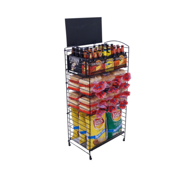 Black radius 5-shelf fold-up rack showcasing snacks