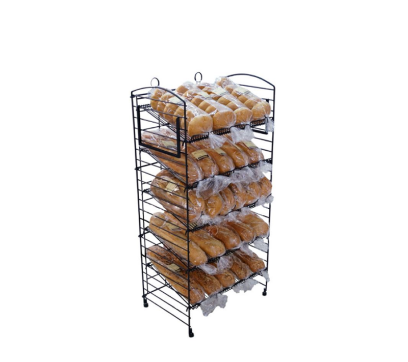Black radius 5-shelf fold-up rack showcasing breads