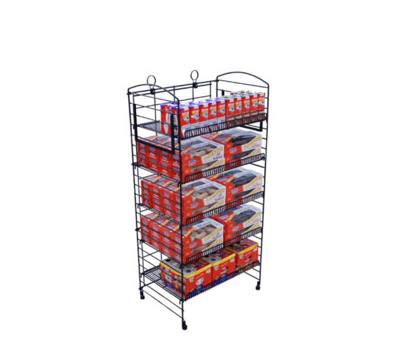 Black radius 5-shelf fold-up rack showcasing beverages, donut boxes and snacks