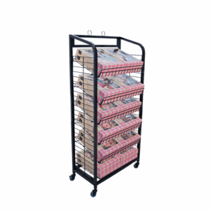 Black Rolling 6-Shelf Wire Merchandiser Unit showcasing donut boxes