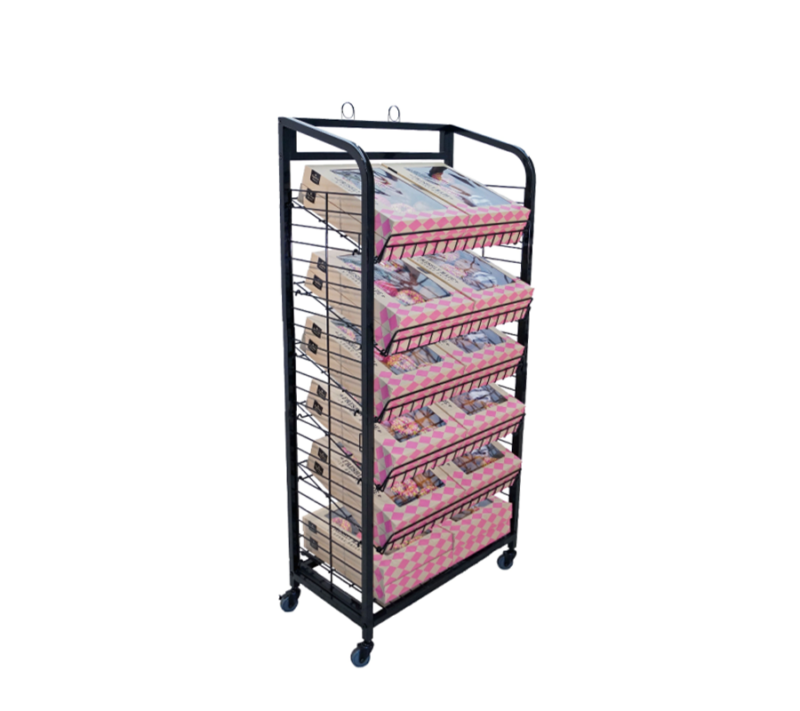 Black Rolling 6-Shelf Wire Merchandiser Unit showcasing donut boxes