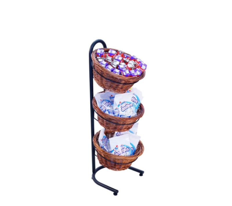 3-Tier round willow stackable basket display showcasing snacks