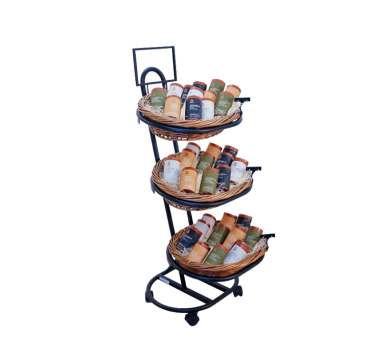 3-Tier oval willow stakable basket rack showcasing items
