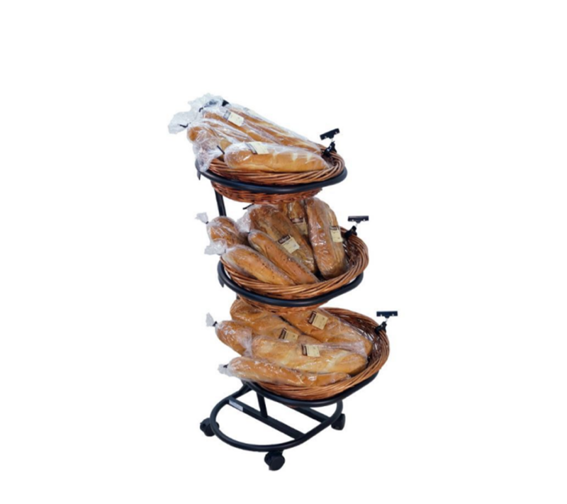 3-Tier oval willow stakable basket rack showcasing breads