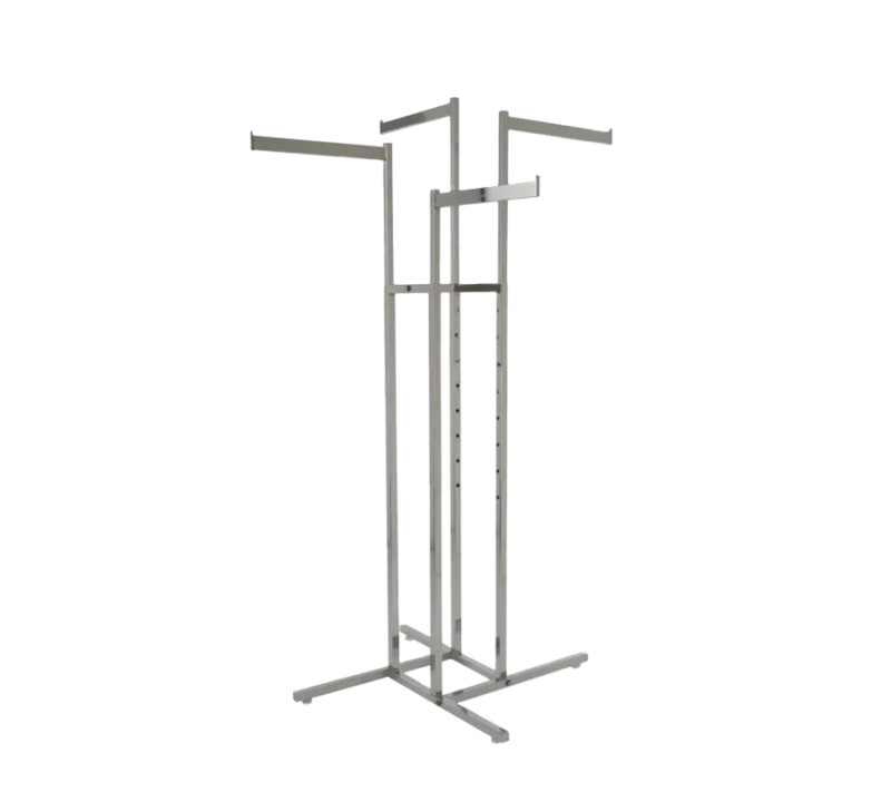 4-Way Garment Rack w/ Rectangular Tubing & Straight Blade Arms – Chrome