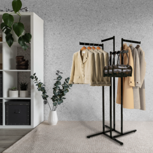 4-Way Garment Rack w/ Rectangular Tubing & Straight Blade Arms – Matte Black
