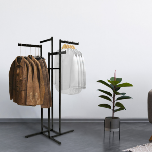 4-Way Garment Rack w/ Rectangular Tubing & Straight Blade Arms – Matte Black
