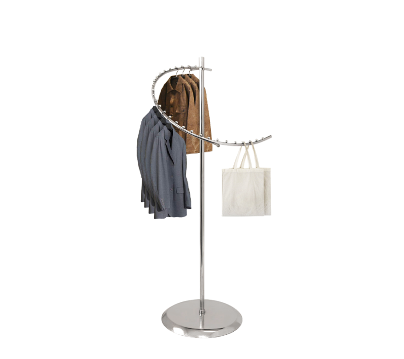 Chrome spiral garment apparel rack with clothes and bags