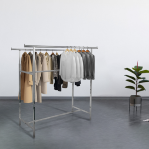 60" standard commercial grade steel apparel H-rack with various clothes in an aesthetic setting