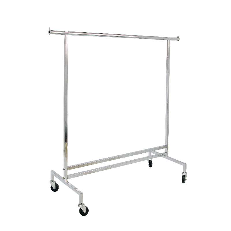 SINGLE HANGRAIL ROLLING RACK - 1" TUBING HEAVY DUTY COMMERCIAL GARMENT RACK ON WHEELS - CHROME