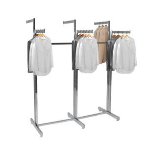 Chrome high capacity 6 way rack with rectangular straight arms, holding various clothes