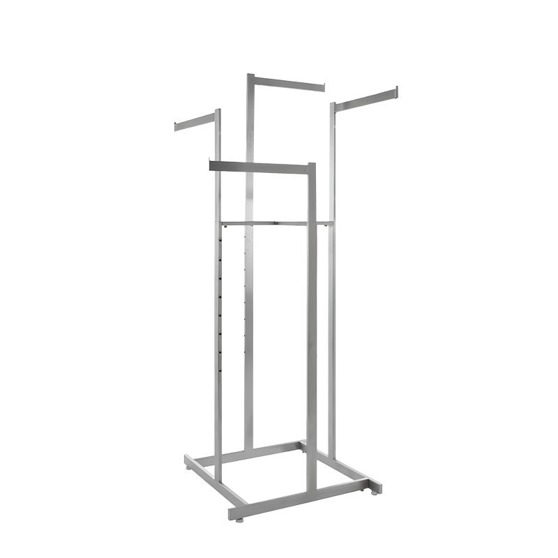 Satin chrome 4 way garment rack with 16" straight arms