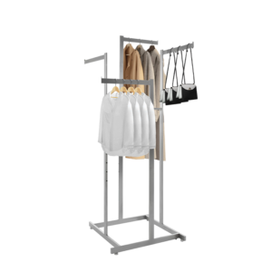 Satin chrome 4 way garment rack with 16" straight arms, holding various clothes