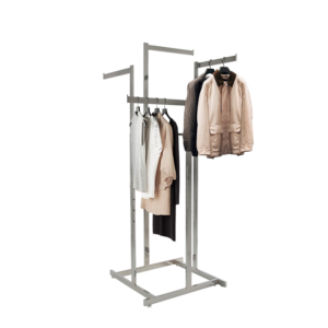 Chrome 4 way garment rack with 16" straight arms, holding various clothes