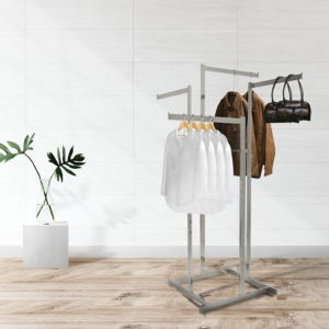 Chrome 4 way high capacity apparel rack with clothes modeled in an aesthetic ambiance