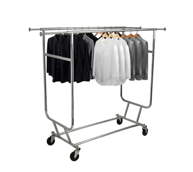 Heavy Duty Collapsible Double Bar Rolling Rack - Chrome