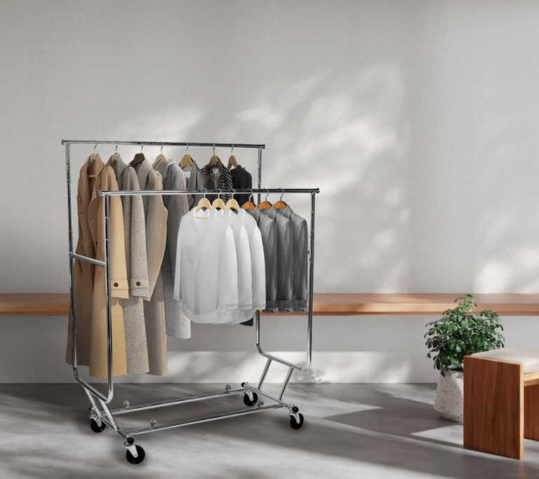 Heavy Duty Collapsible Double Bar Rolling Rack - Chrome | Store Displays®
