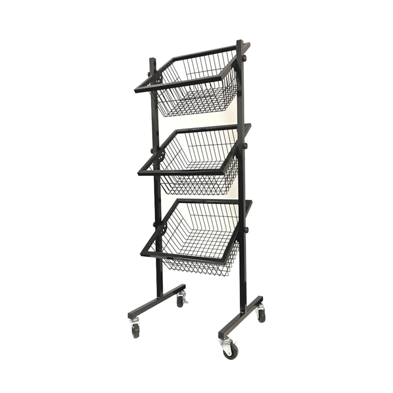 3 tier rolling wire bins on l-shaped legs with casters