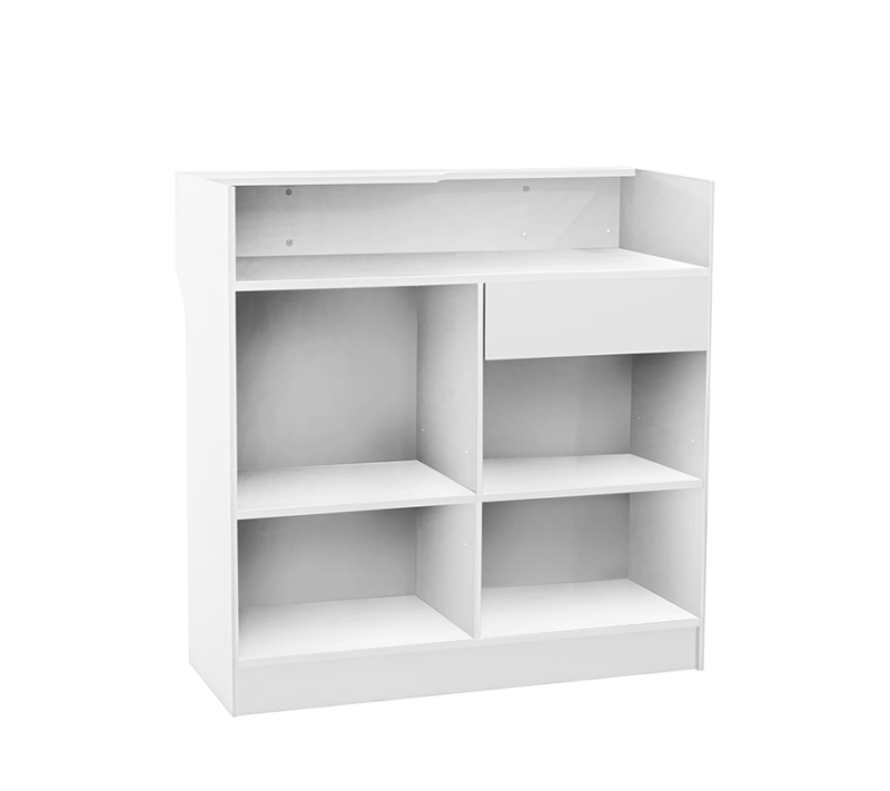 White 4' slatwall ledgetop register counter back view