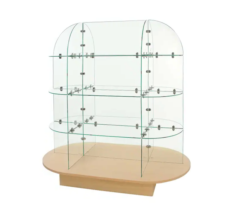 Glass shelving display with maple oval wood base