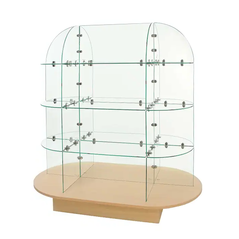 Glass shelving display with maple oval wood base