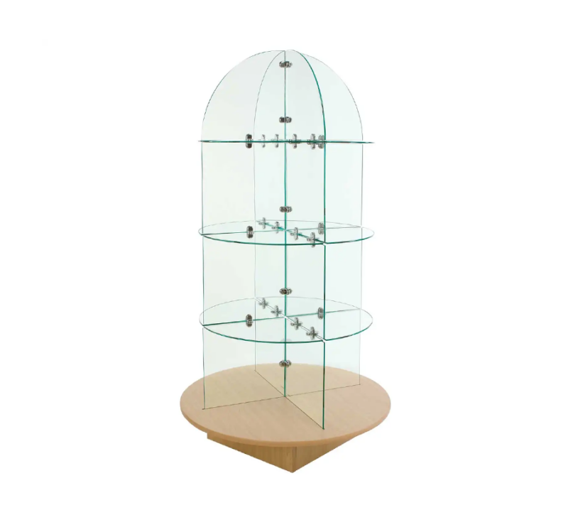 Glass shelving display with maple round wood base